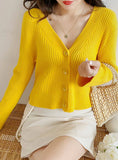 SHORT LONG SLEEVES BREASTED SOLID COLOR KNIT CARDIGAN