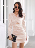 SATIN KINKED BUBBLE SLEEVE PLEATED DRESS