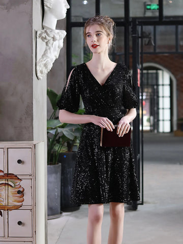 V-NECK SHORT SLEEVE SEQUINS PARTY DRESS