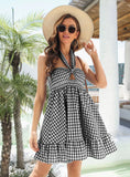 PLAID HALTER HOLIDAY FLOUNCE DRESS