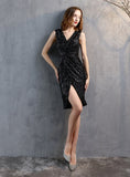 WOMEN SHORT V-NECK SEQUINS PARTY DRESS