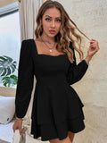 SQUARE COLLAR LONG SLEEVE RUFFLED MINI DRESS