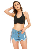 HIGH-BREASTED TASSELS HOLES JEANS