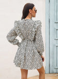 RUFFLED WOOD EAR COLLAR LONG SLEEVE PRINTED DRESS
