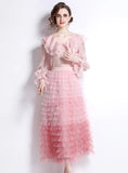 RUFFLED LONG SLEEVE BLOUSE+MESH LAYER SKIRT SUIT