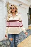 STRIPED COLOR MATCHING LONG SLEEVE ZIPPER LAPEL SWEATER