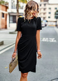 SOLID COLOR ROUND NECK SHORT SLEEVE DRESS