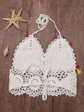 Hollow Tassel Backless Halter Crochet  Bikini Top Swimwear 