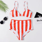 Striped High Leg Scooped Bikini Set
