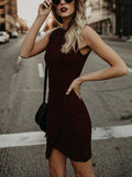 Wine Red Sleeveless Asymmetric Hemline Mini Dress