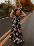 Floral V Neck Backless Bohemia Asymmetry  Maxi Dress