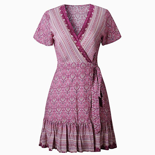V-Neck Floral Print Mini Dress Batwing Sleeve Ruffle Hem A-Line Casual Boho Gown