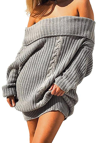 Women's Pullover Loose Sweater Dress Short Off Shoulder Knit Dress Oversized