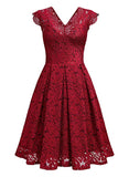 Women's Vintage Floral Lace Short Sleeve V Neck Cocktail Party Swing Dress