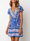 Women’s Summer Wrap V Neck Bohemian Floral Print Ruffle Swing A Line Beach Mini Dress