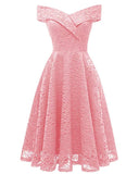 Womens Floral Lace Cocktail Party Dress Vintage Off Shoulder Bridesmaid Swing Dress