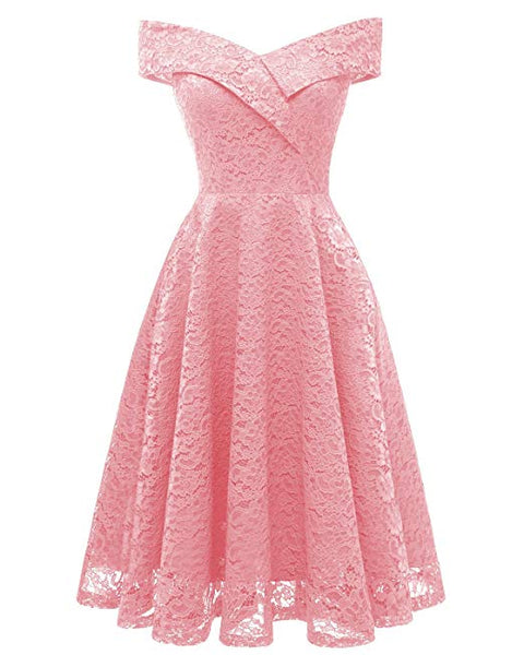 Womens Floral Lace Cocktail Party Dress Vintage Off Shoulder Bridesmaid Swing Dress