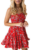 Sexy Strapless Floral Print Pleated Flounced Ruffled Dress