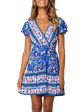 Women’s Summer Wrap V Neck Bohemian Floral Print Ruffle Swing A Line Beach Mini Dress