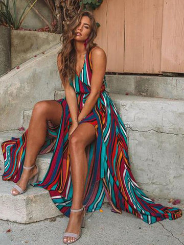 Unique Sexy Striped Sleeveless Split-side Maxi Dress