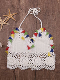 Hollow Tassel Backless Halter Crochet  Bikini Top Swimwear 