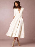 White V-neck Half Sleeves Evening Dresses