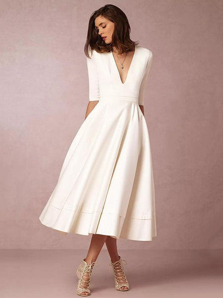 White V-neck Half Sleeves Evening Dresses