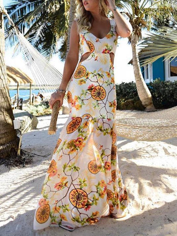 White Chiffon Floral Hollow Maxi Dresses