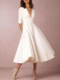 White V-neck Half Sleeves Evening Dresses