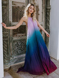 Colorful Halter Neck Backless Gradient Maxi Dress