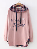 Plaid Patchwork Letter Embroidered Long Sleeve Hoodie For Women