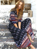 Floral 3/4 Sleeve V Neck Chiffon Bohemia Maxi Dress