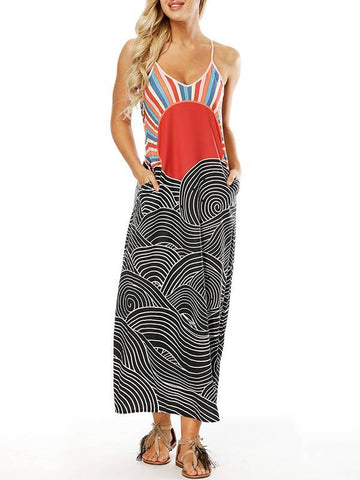 Unique Printed Slim Fit V-neck Pockets Maxi Dress