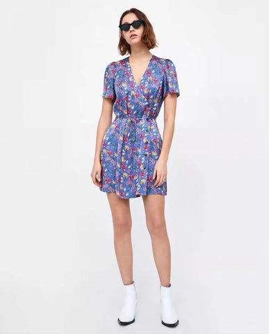 Short Sleeve Floral Wrap Dress