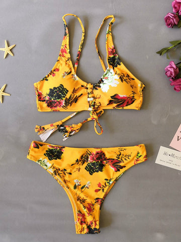 Yellow Flower Print String Bikini Set
