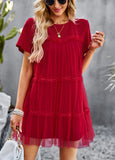 MESH STITCHING ROUND NECK SOLID COLOR DRESS