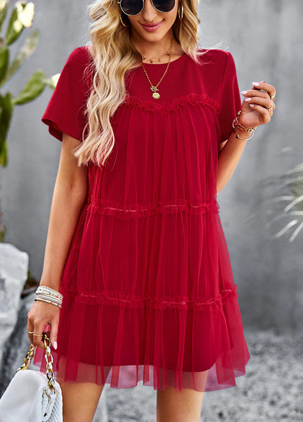 MESH STITCHING ROUND NECK SOLID COLOR DRESS