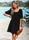 SOLID COLOR OPENWORK JACQUARD SQUARE COLLAR DRESS