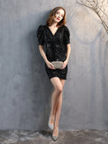 V-NECK SHORT SLEEVE SEQUINS PARTY DRESS