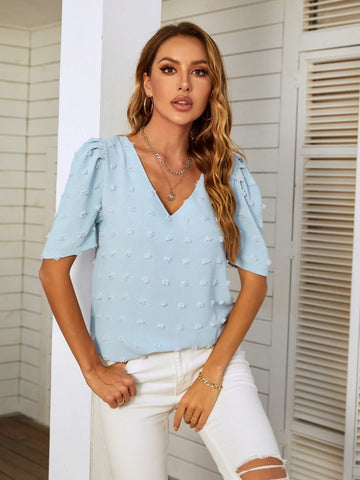 V-NECK PUFF SLEEVE WOOL BALL CHIFFON TOP