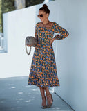 SQUARE COLLAR LONG SLEEVE PRINT DRESS