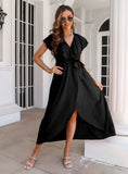 RUFFLED V-NECK SLEEVELESS SPLIT DRESS