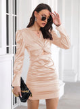 SATIN KINKED BUBBLE SLEEVE PLEATED DRESS