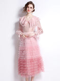 RUFFLED LONG SLEEVE BLOUSE+MESH LAYER SKIRT SUIT