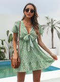 FLORAL FLOUNCES DEEP V-NECK SHORT SLEEVES CHIFFON