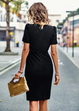 SOLID COLOR ROUND NECK SHORT SLEEVE DRESS