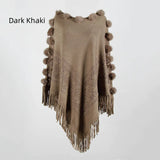 FRINGED FUR BALL ROUND COLLAR PULLOVER CAPE SHAWL
