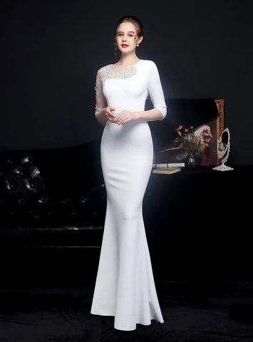 SHORT SLEEVE MERMAID LACE BEADING PROM DRESS