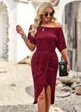 SOLID COLOR OFF THE SHOULDER LONG DRESS
