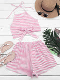 Halter Striped Two Piece Suit